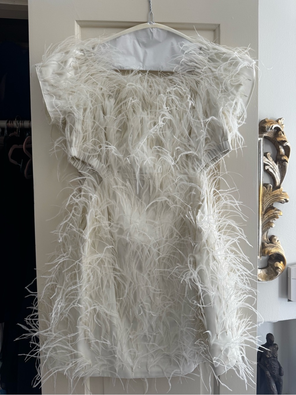 cult gaia Cream Feather-Trim Skirt with Gold Hardware